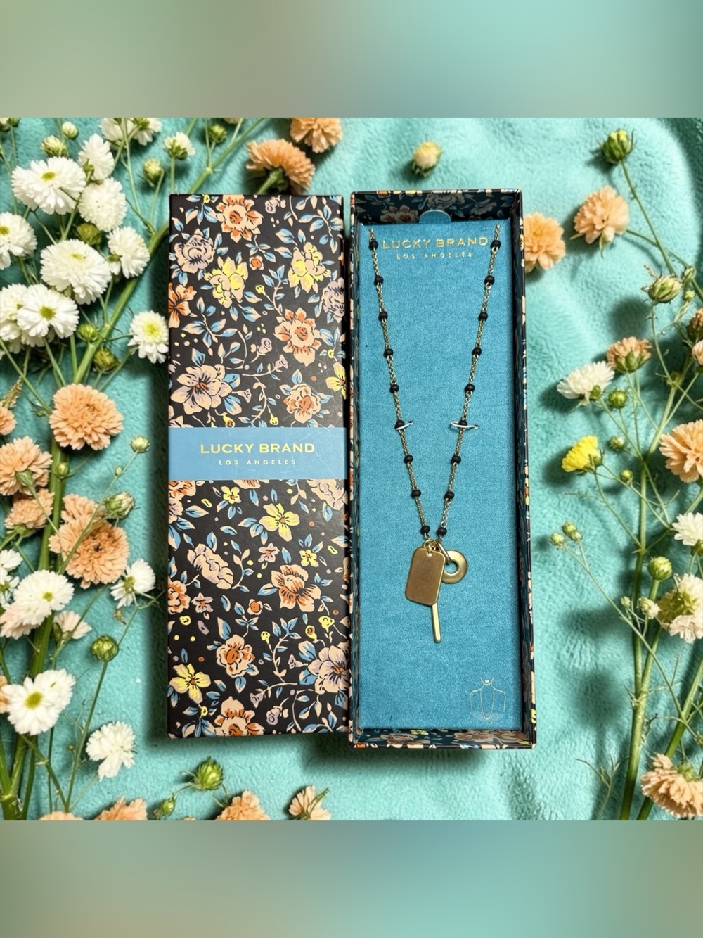 🖤💛LUCKY BRAND🖤💛Gold-Tone Beaded Charm Necklace with Semiprecious Accents/NIB
